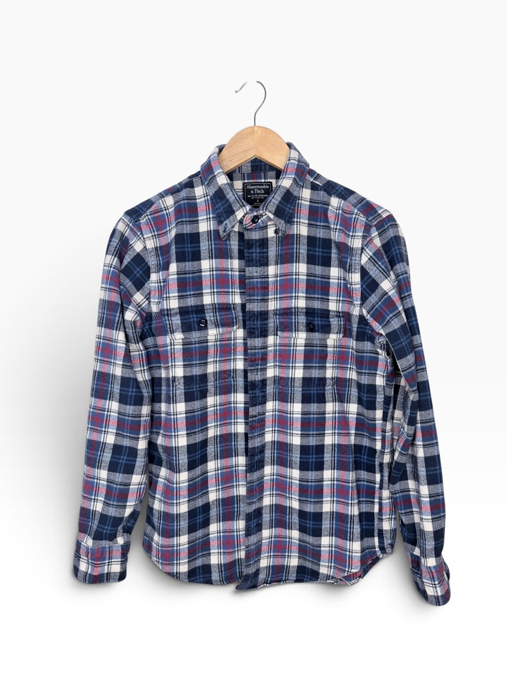 Abercrombie & Fitch Navy, White & Red Plaid Button-Down Flannel Shirt